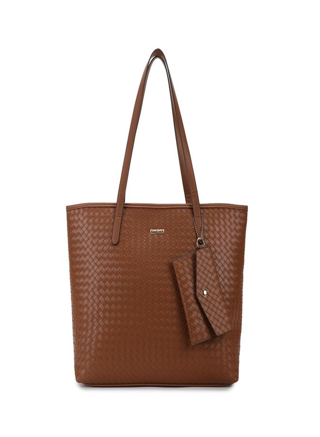 Fastrack Weave Tote | Faux-Leather Women's Tote Bag | Tan totebag with Wallet & Utility Pockets - Image 1